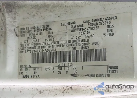 2001 Ford E-350 Super Duty Commercial/Recreational z USA, uszkodzony, nr VIN 1FTSE34F41HA02203